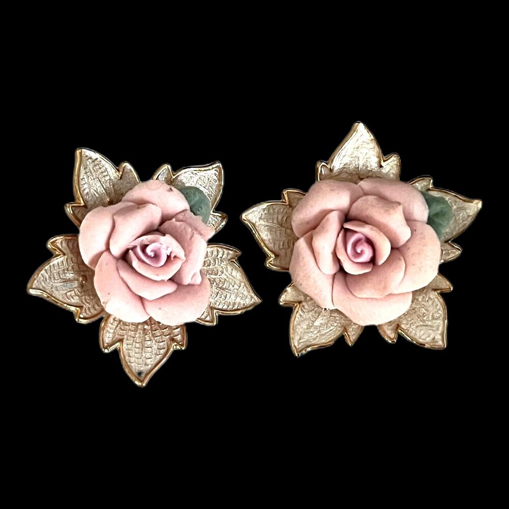 Vintage 1960s Earrings Porcelain Rose Clip Gold Tone Floral Mid Century - 4O